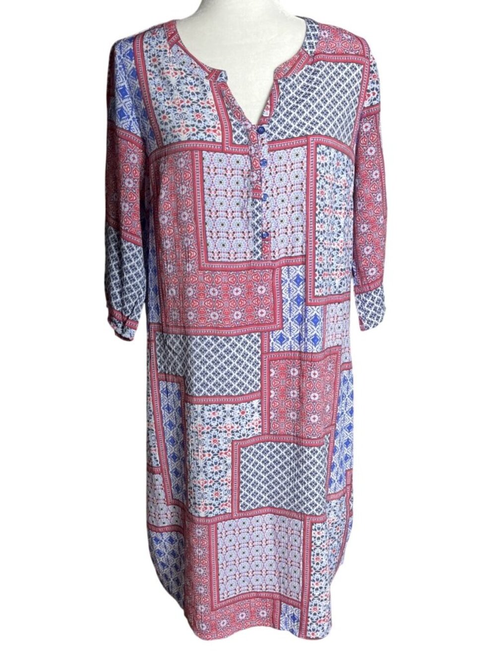 Retro Patchwork Print Dress Shift Midi Tab Sleeve Easy Boho Comfort Wom S